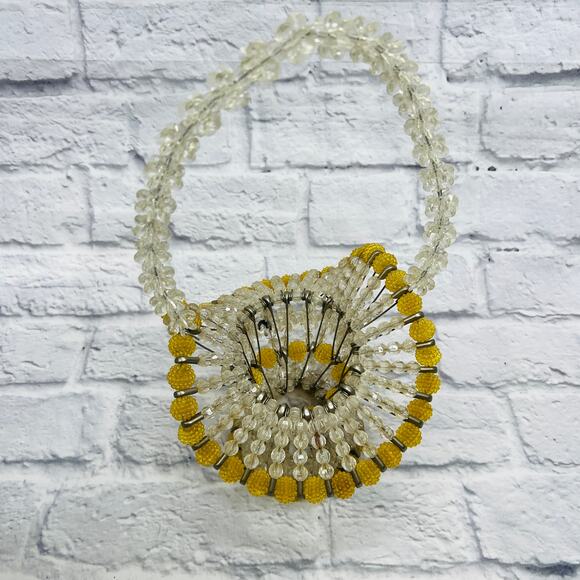 Vintage Handmade Beaded Safety Pin Basket Mid Century Yellow Silver 12" tall - Picture 4 of 5